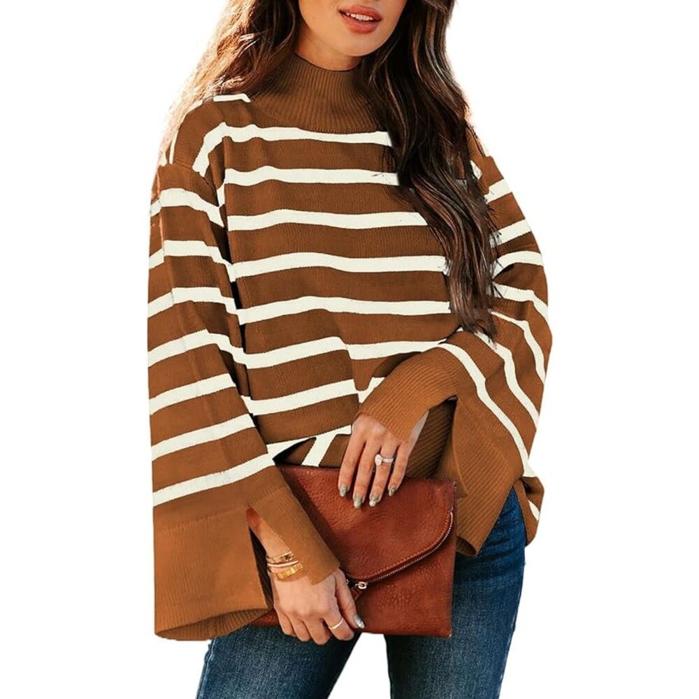 Bell Sleeve Mock Neck Brown and White Striped Sweater Sz L